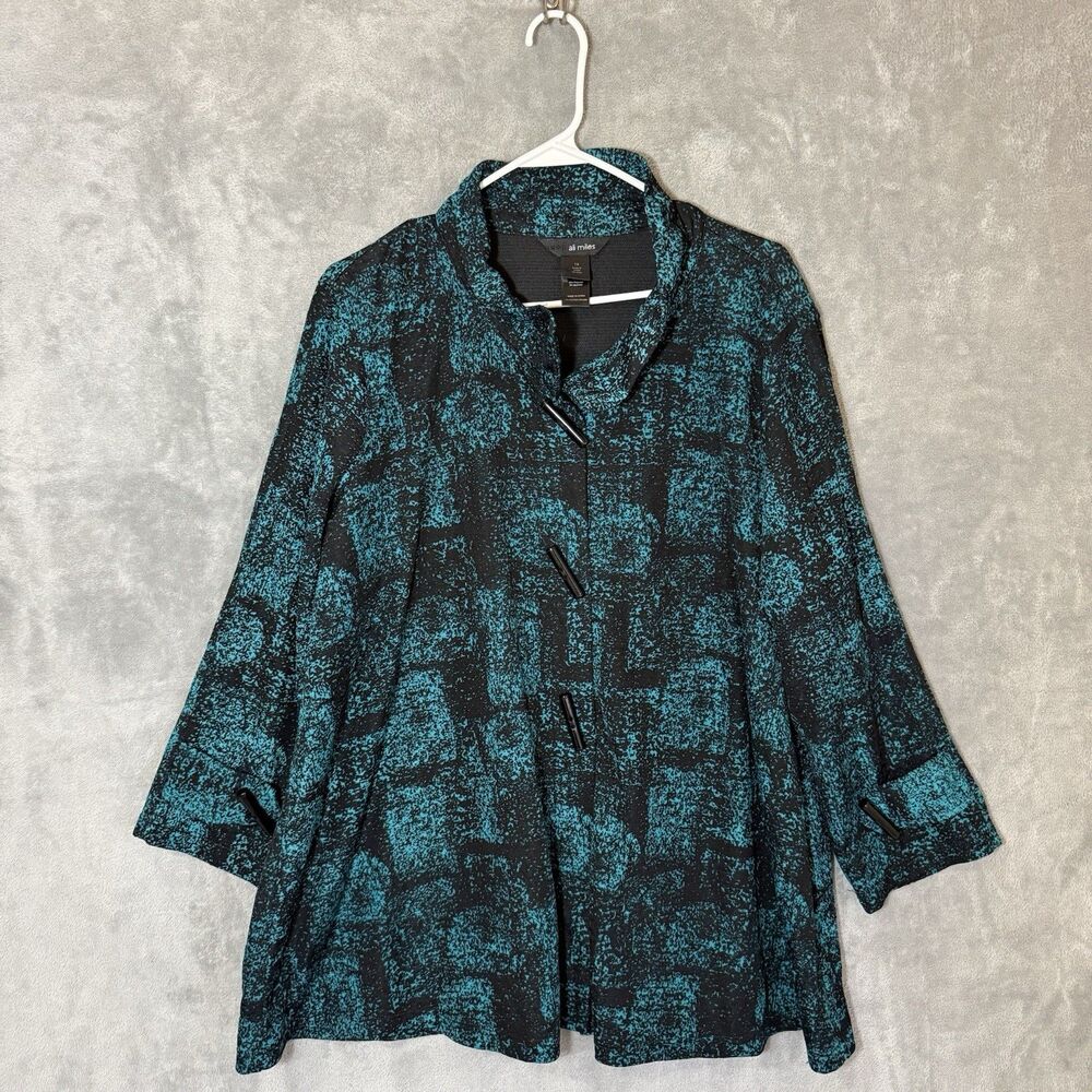 Ali Miles Top 1X Plus 3/4 Sleeves Dark Teal Green Black Buttons Artsy Stretch